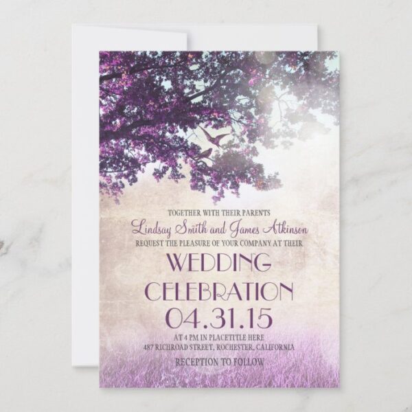 Purple old oak tree & love birds wedding invites