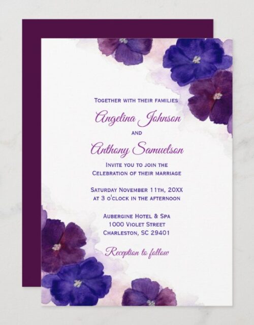 Purple Plum Royal Blue Watercolor Floral Wedding Invitation