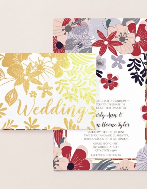 Purple Red Pink Gold Foil Wedding Invitations
