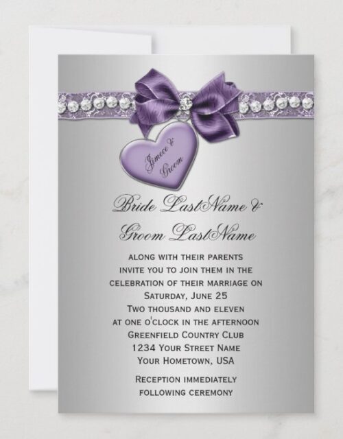 Purple Silver Faux Ribbon Diamonds Heart Locket We Invitation