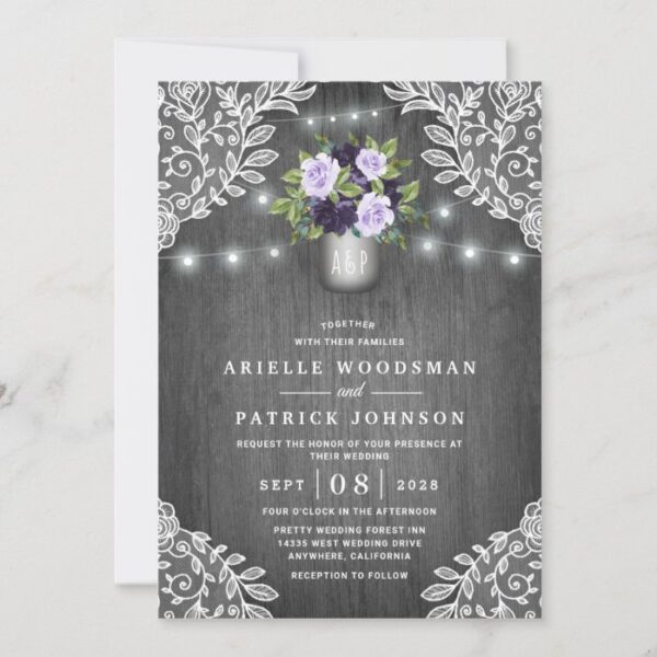 Purple Silver Gray Floral Rustic Mason Jar Wedding Invitation