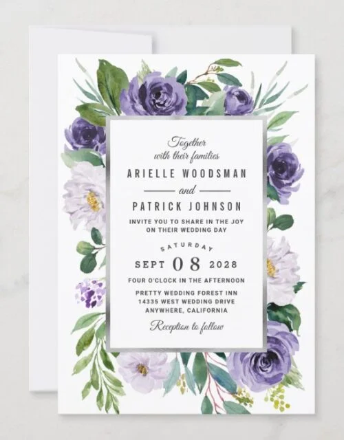 Purple Silver Gray Watercolor Floral Wedding Invitation