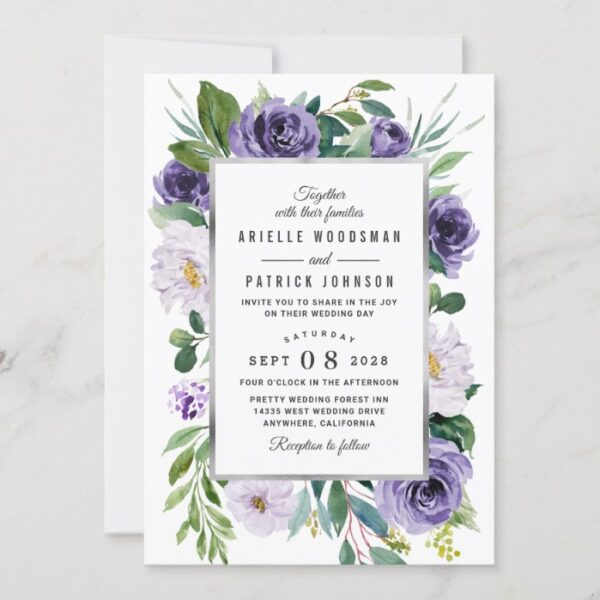 Purple Silver Gray Watercolor Floral Wedding Invitation