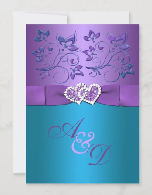 Purple, Teal Floral Hearts Monogram Wedding Invite