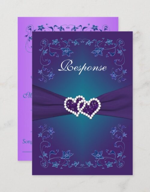 Purple, Teal Floral Hearts Wedding RSVP Invitation