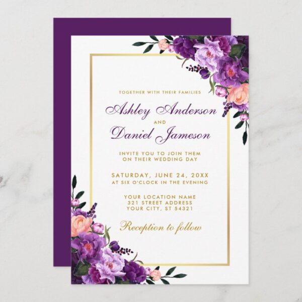 Purple Violet Floral Gold Wedding Invitation