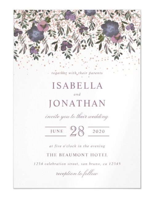 Purple Watercolor Flowers Wedding Invitation