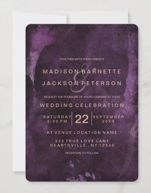 Purple Watercolor Rose Gold Wedding Invitations