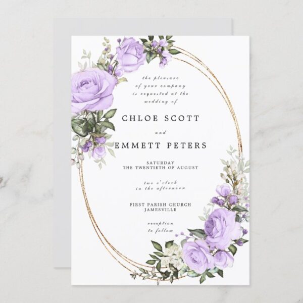 Purple White Rose Floral Waterolor Wedding Invitation