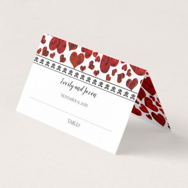 Red and Black Elegant Hearts and Roses Wedding Place Card