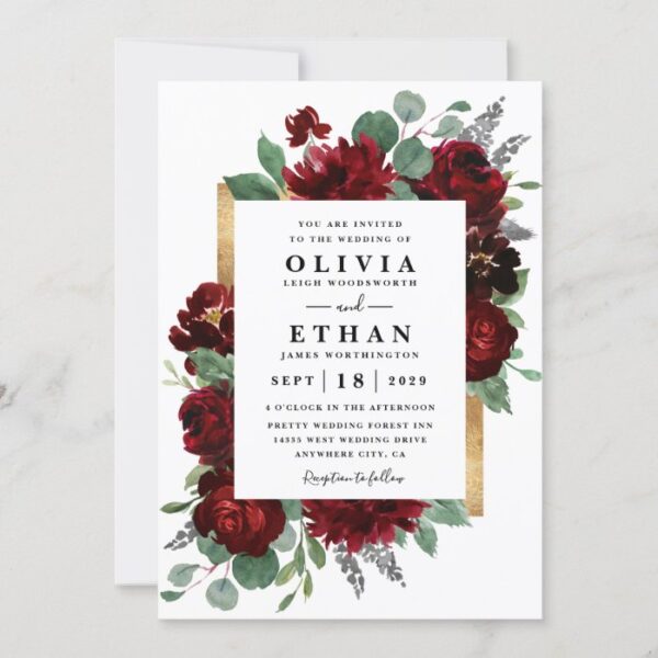 Red and Gold Floral Rustic Elegant White Wedding Invitation