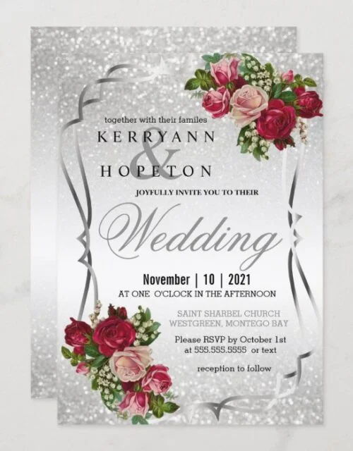 Red and Pink Flowers with Silver Glitter Invitation