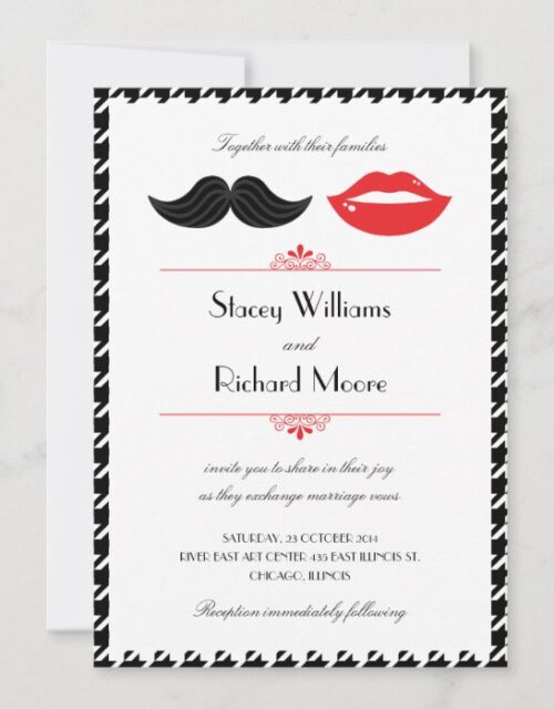Red, Black & White Mustache & Lips Houndstooth Wed Invitation