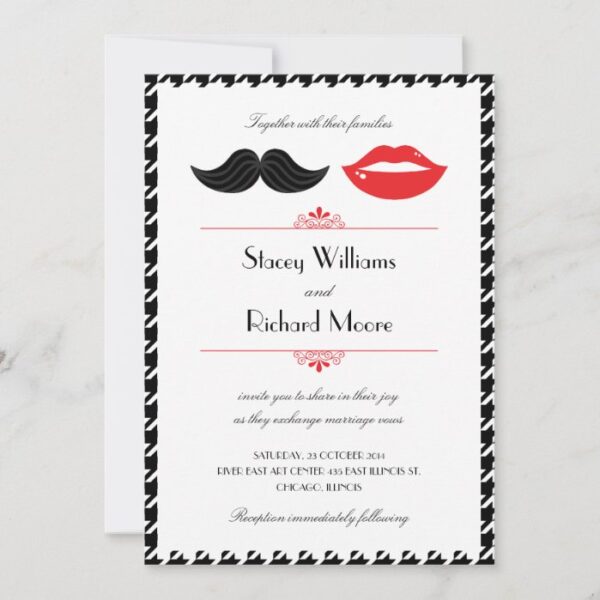 Red, Black & White Mustache & Lips Houndstooth Wed Invitation