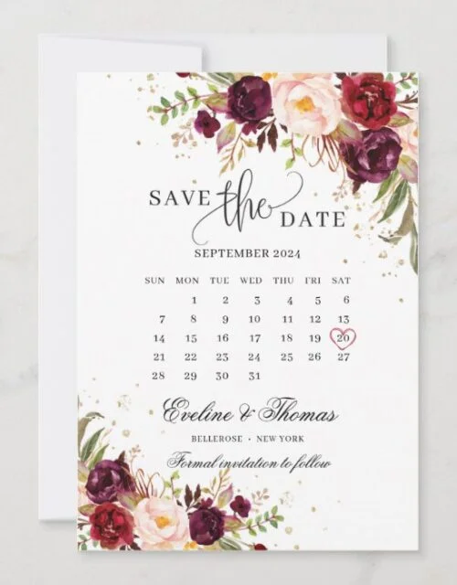 Red marsala blush burgundy pink floral gold save the date