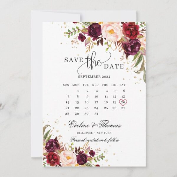 Red marsala blush burgundy pink floral gold save the date