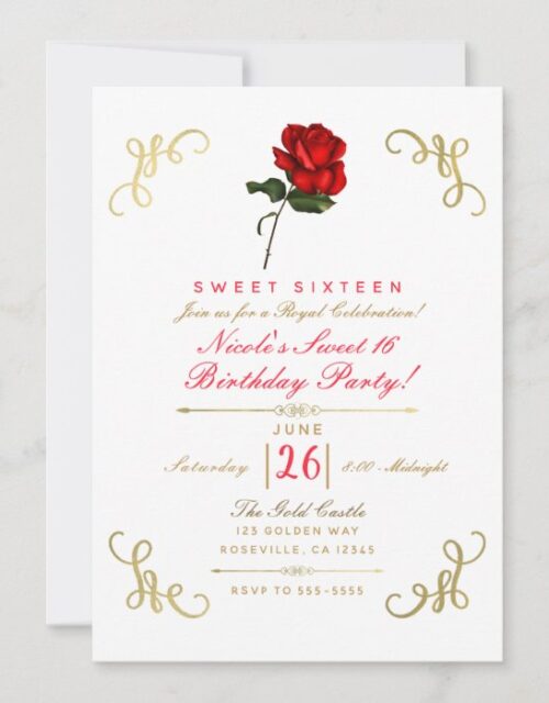Red Rose Floral Gold Corners Sweet 16 Party Invitation