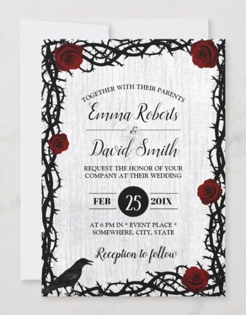 Red Rose & Thorn Frame Rustic Fairytale Wedding Invitation