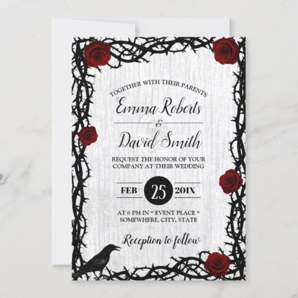 Red Rose & Thorn Frame Rustic Fairytale Wedding Invitation