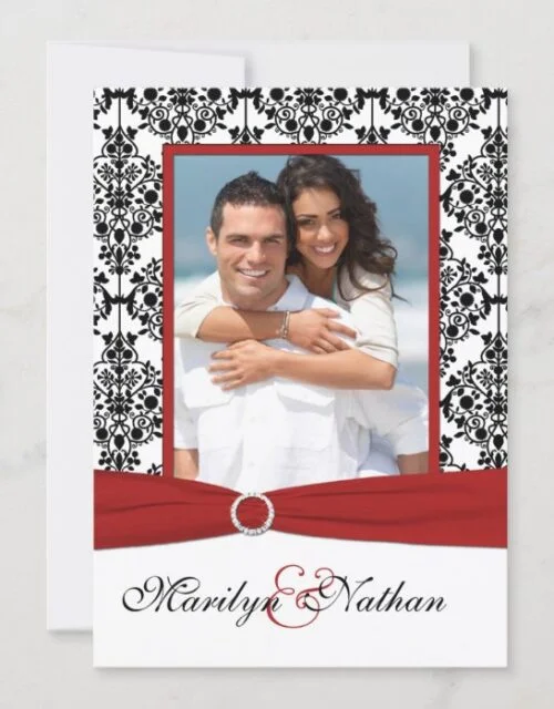 Red, White, & Black Damask II Photo Wedding Invite
