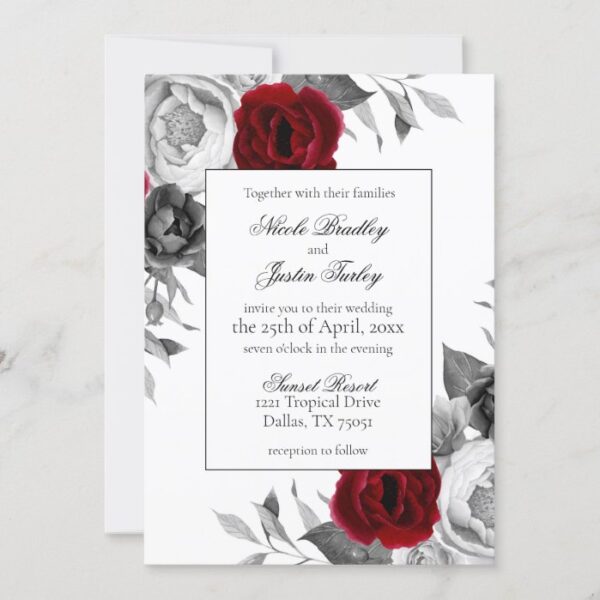 Red White Black Gray Floral Elegant Script Wedding Invitation