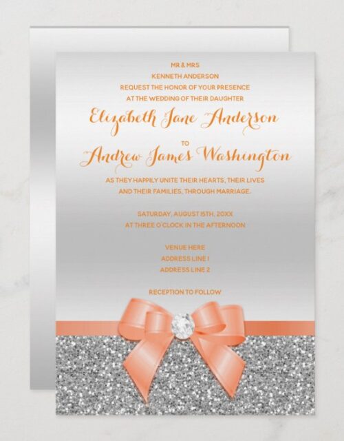 Romantic Coral Bow & Silver Glitter Wedding Invitation