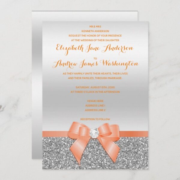 Romantic Coral Bow & Silver Glitter Wedding Invitation