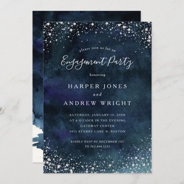 Romantic Navy Blue Silver Engagement Party Invitation
