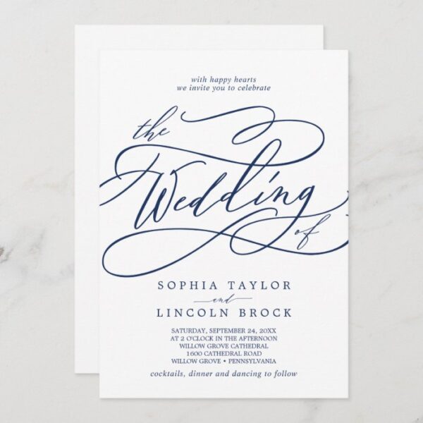 Romantic Navy Calligraphy All In One Wedding Invitation