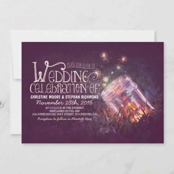 Romantic rustic mason jar & fireflies wedding invitation