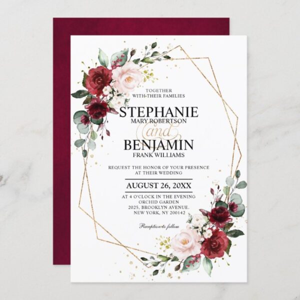 Romantic Watercolor Burgundy Floral Geometric Invitation
