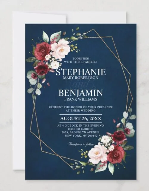 Romantic Watercolor Burgundy Navy Floral Geometric Invitation
