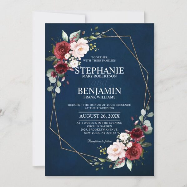 Romantic Watercolor Burgundy Navy Floral Geometric Invitation