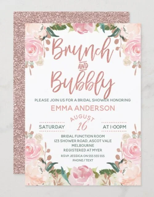 Rose Gold Brunch Bubbly Floral Bridal Invitation