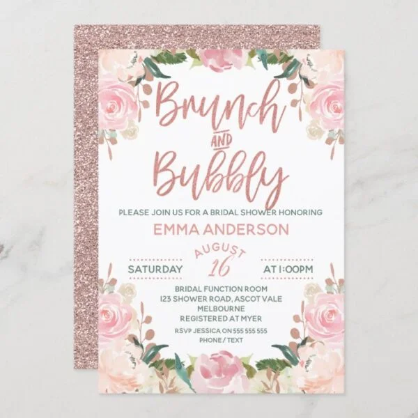 Rose Gold Brunch Bubbly Floral Bridal Invitation
