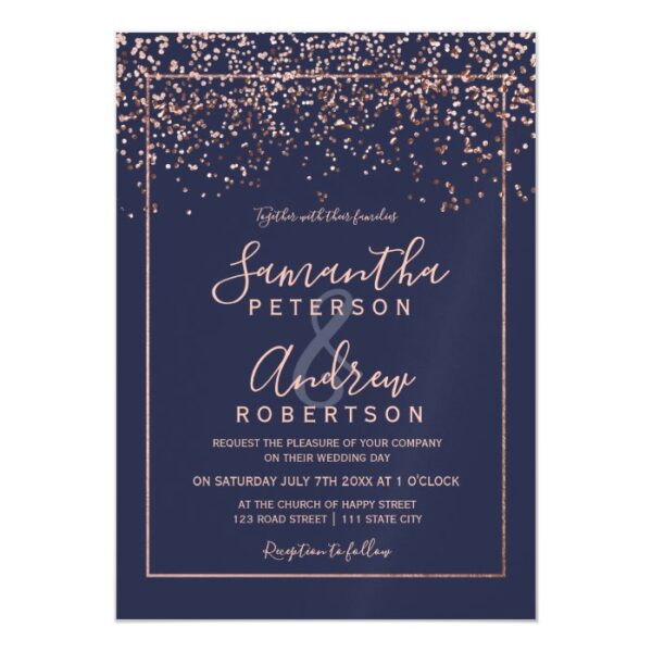 Rose gold confetti navy blue typography wedding magnetic invitation