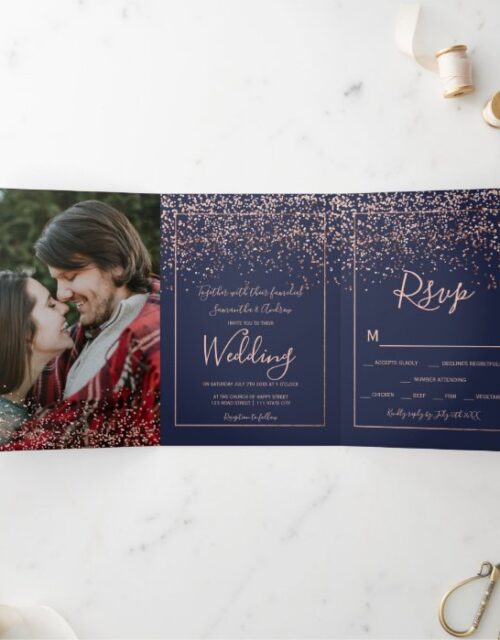 Rose gold confetti navy blue typography wedding Tri-Fold invitation
