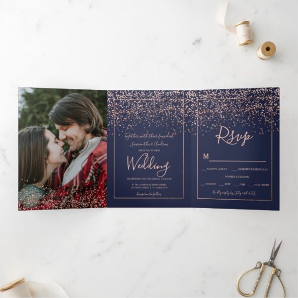 Rose gold confetti navy blue typography wedding Tri-Fold invitation