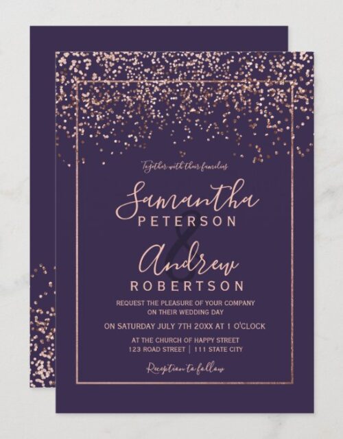 Rose gold confetti purple typography wedding invitation