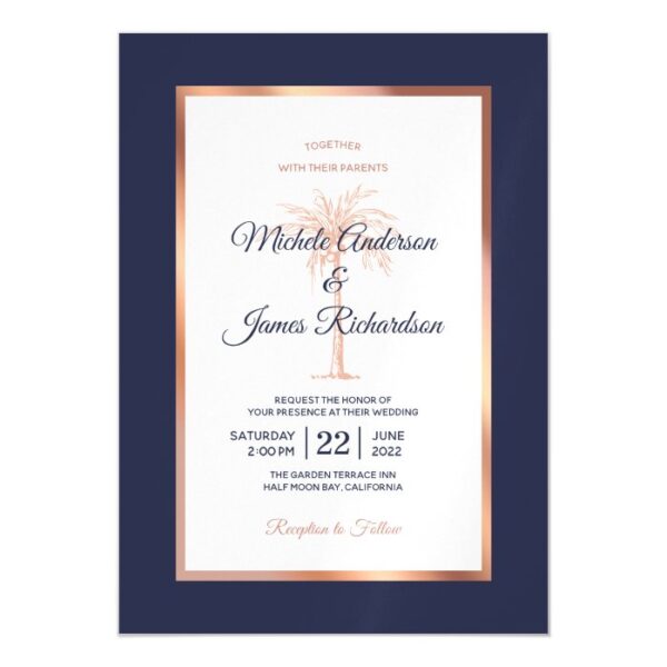 Rose Gold Copper Navy Blue Palm Tree Beach Wedding Magnetic Invitation