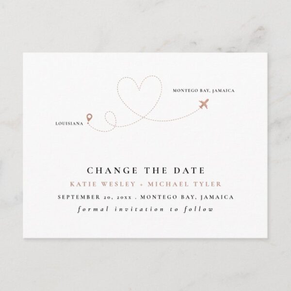Rose Gold Destination Wedding Change the Date Announcement Postcard