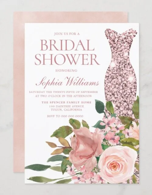Rose Gold Dress & Blush Pink Flowers Bridal Shower Invitation