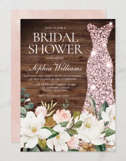 Rose Gold Dress Blush White Rustic Bridal Shower Invitation