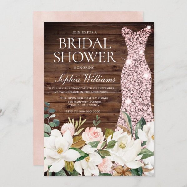 Rose Gold Dress Blush White Rustic Bridal Shower Invitation