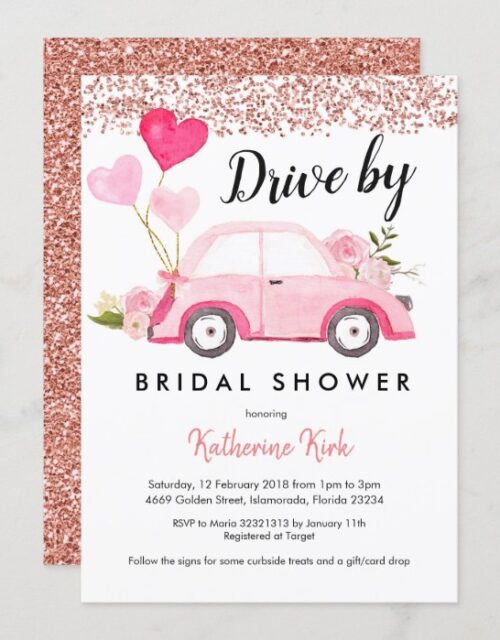 Rose Gold Drive by Bridal Shower Invitation