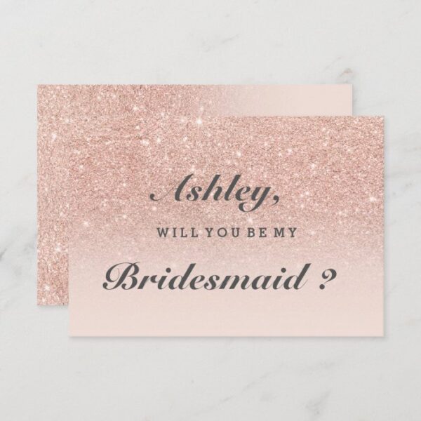 Rose gold faux glitter pink ombre be my bridesmaid invitation