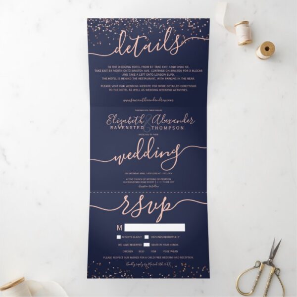 Rose gold glitter confetti navy blue seats wedding Tri-Fold invitation