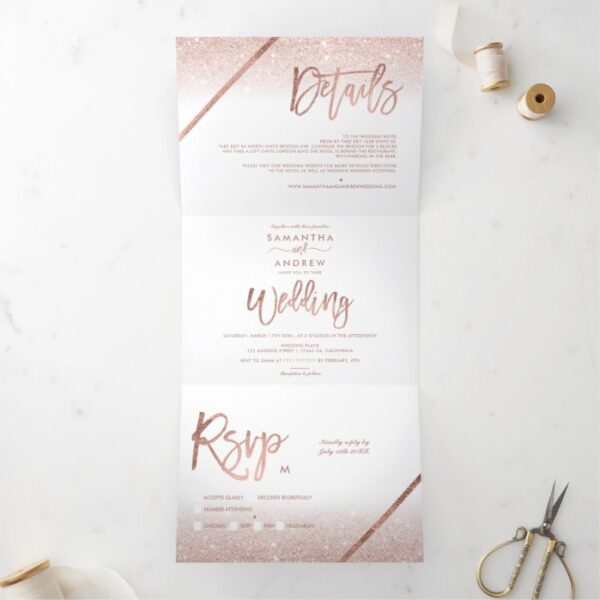 Rose gold glitter ombre typography white wedding Tri-Fold invitation