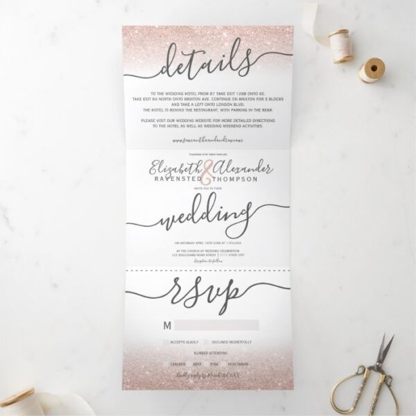 Rose gold glitter ombre white script chic wedding Tri-Fold invitation