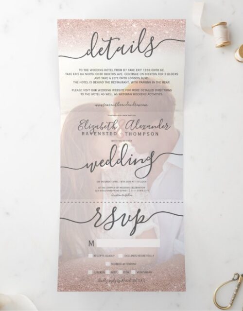 Rose gold glitter ombre white script photo wedding Tri-Fold invitation